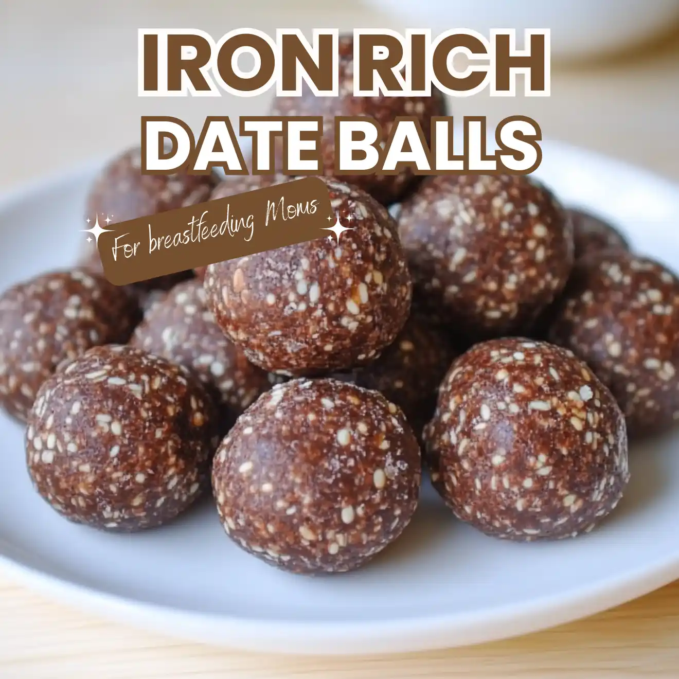 High Protein Peanut Butter Banana Overnight Oats 12 Close-up of homemade iron-rich date balls on a white plate. Healthy no-bake snack with Medjool dates, cashews, and seeds for postpartum recovery and breastfeeding moms.