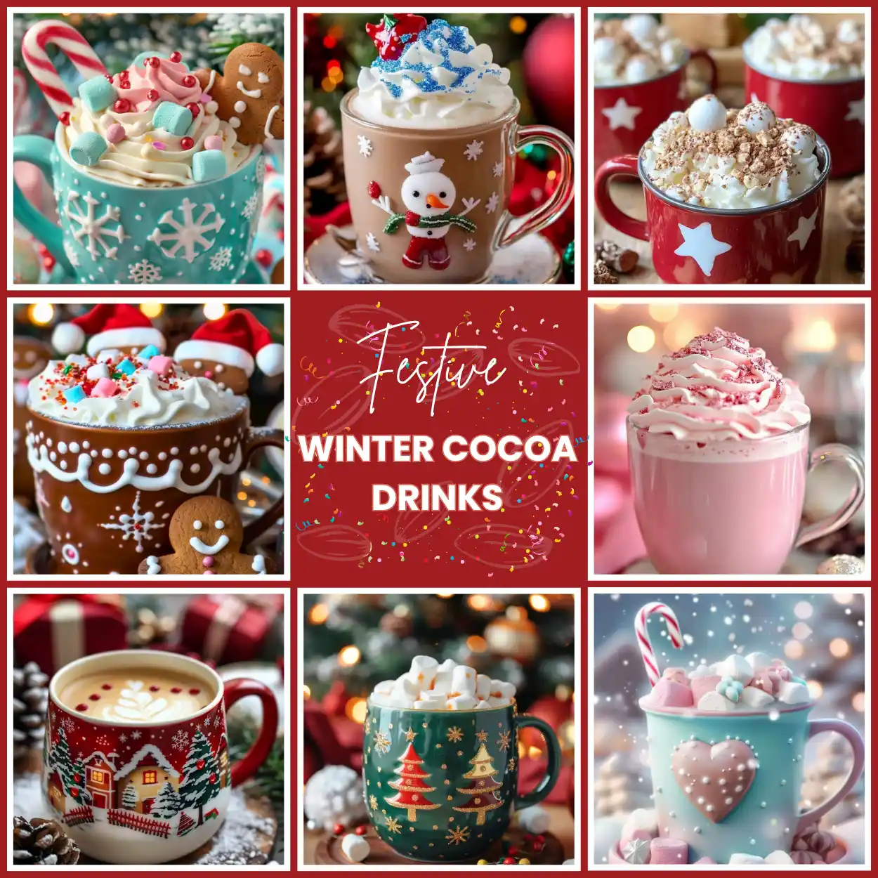 Festive hot cocoa mugs topped with whipped cream, candy canes, and gingerbread cookies, surrounded by Christmas lights and cozy winter decor.
