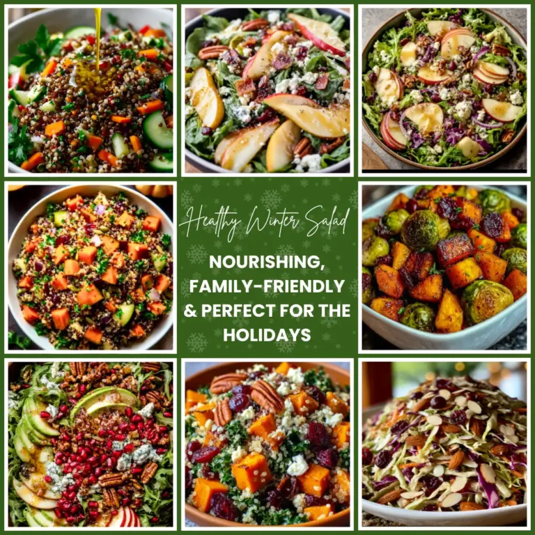 A collage of healthy winter salad recipes featuring colorful bowls with apples, quinoa, roasted vegetables, spinach, and cranberries — nourishing, family-friendly, and perfect for the holidays.